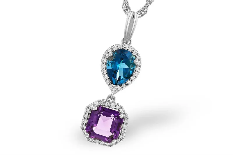 Long Gold Necklace-14K White Gold 2.66ctw Blue Topaz & Amethyst Diamond Halo Drop Necklace by Allison Kaufman