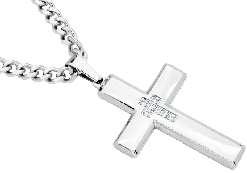 Elegant Choker Necklace-Mens Polished Stainless Steel Cross Pendant Necklace With Cubic Zirconia