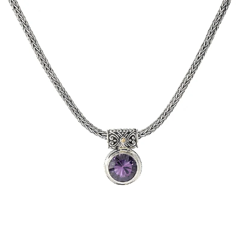 Classic Beaded Necklace-Sterling Silver & 18K Yellow Gold Amethyst Solitaire Necklace by Samuel B.