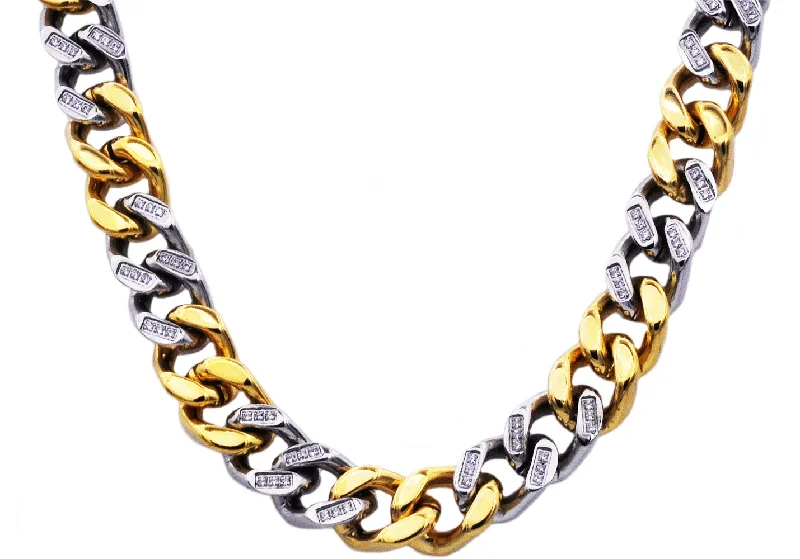 Modern Bar Necklace-Mens 14mm Two Tone Gold Stainless Steel Cubic Zirconia Curb Link Chain Necklace