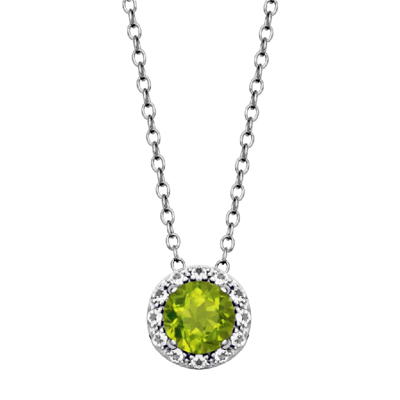 Custom Pendant Necklace for Women-Sterling Silver Peridot & White Topaz Halo Necklace by Samuel B.