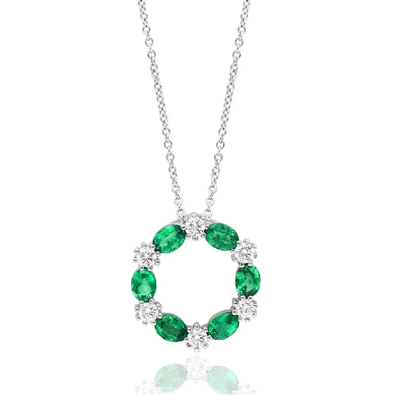 Fashion Pendant Necklace-14K White Gold 1.25ctw Emerald & Diamond Alternating Circle Necklace