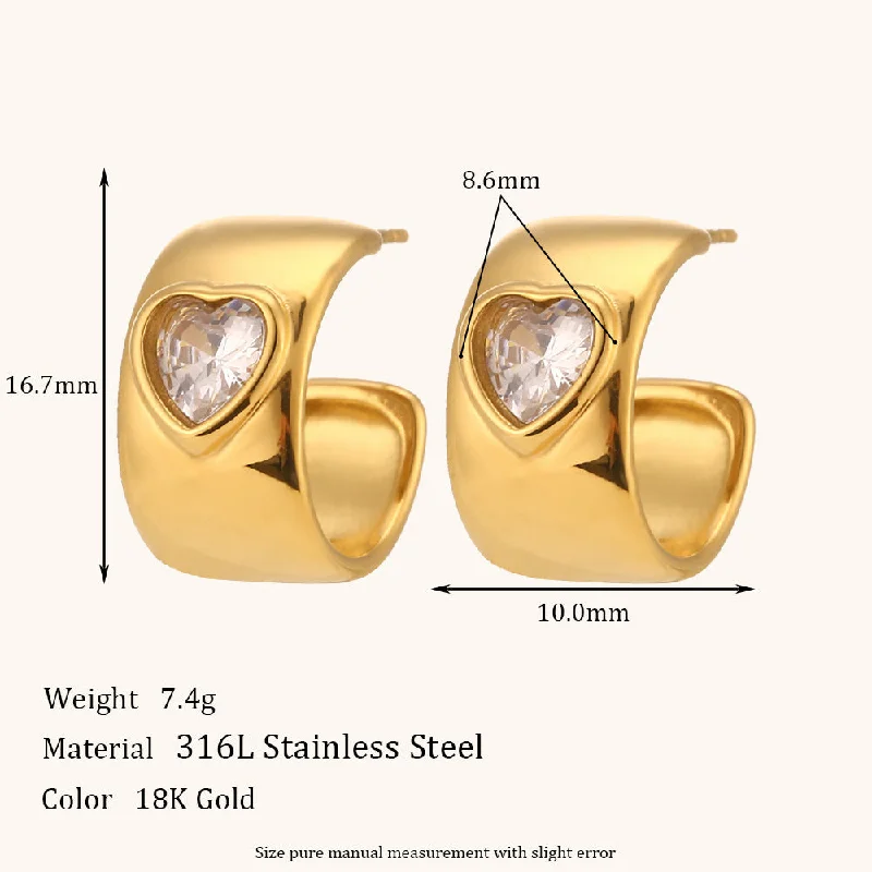 Heart-Shaped Stone-Inlaid Wide-Face Earrings-Gold-White Zirconium