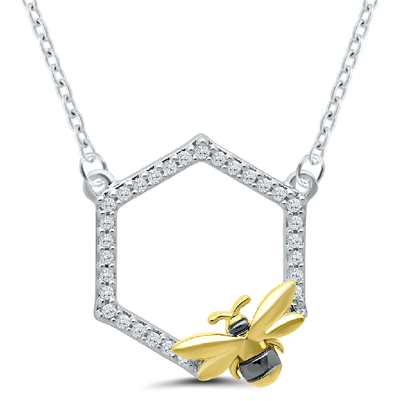 Layered Heart Necklace-Sterling Silver & Gold Plated 0.10ctw Diamond Hexagon Bee Necklace