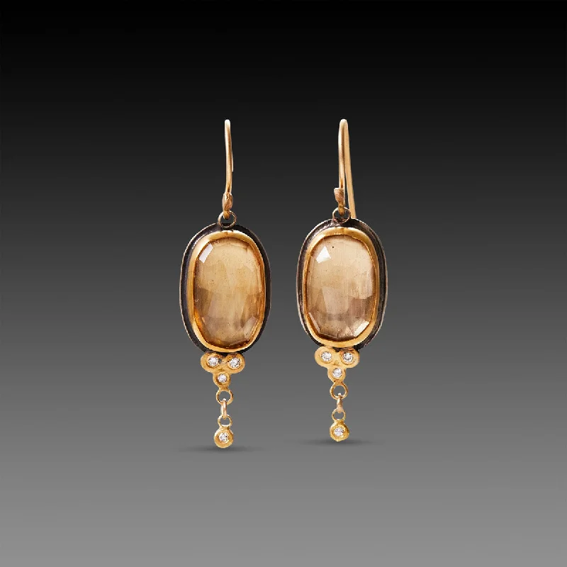 Pearl Earrings for Weddings-Champagne Quartz Earrings with Diamond Trios