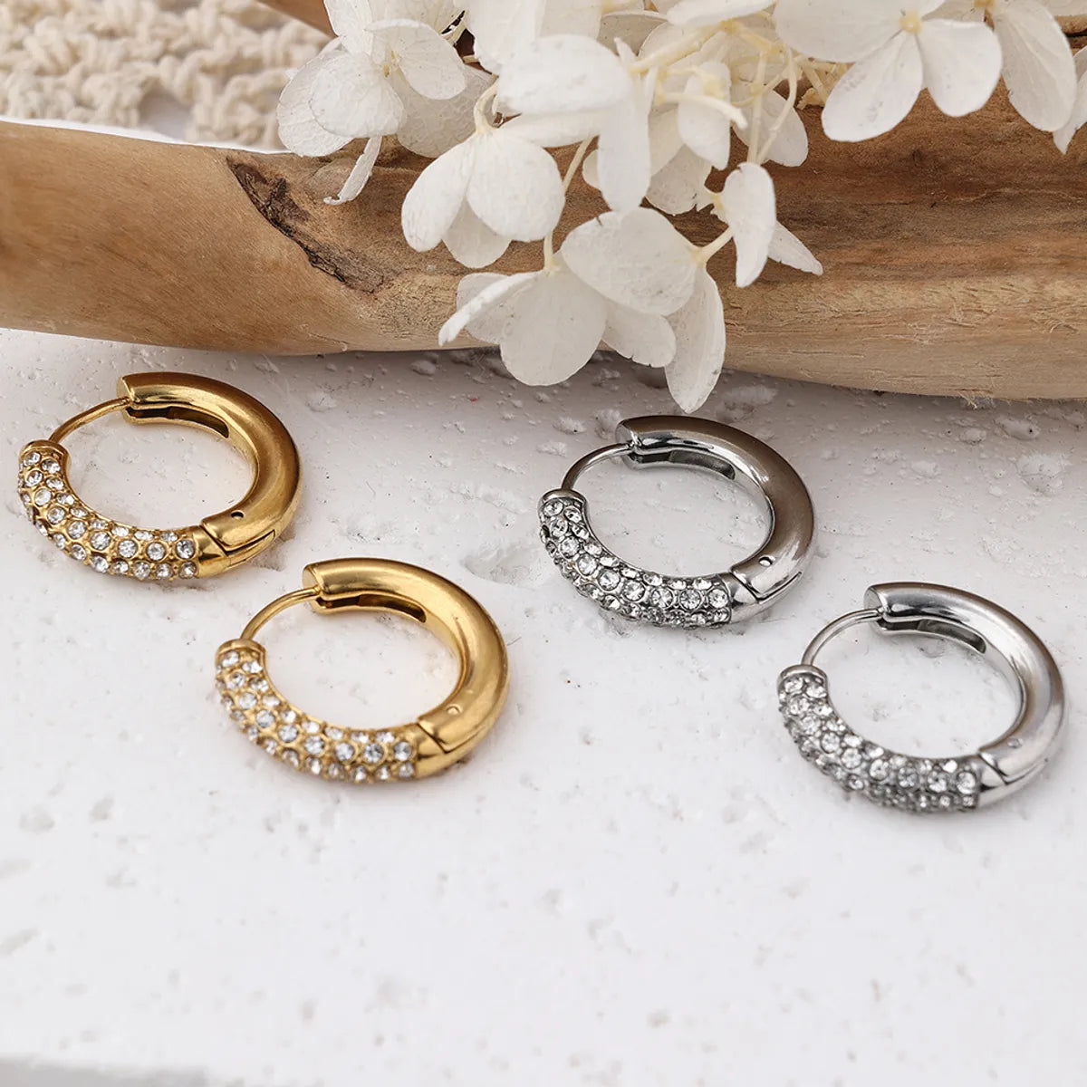 1 Pair IG Style Casual Geometric Stainless Steel Rhinestones 18K Gold Plated Hoop Earrings