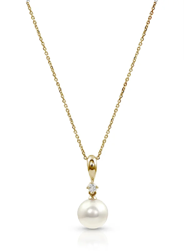 Double Gemstone Necklace-14K Yellow Gold 7-7.5mm Akoya Pearl & Diamond Drop Necklace