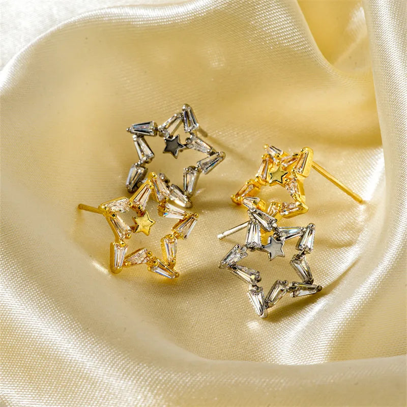 1 Pair IG Style Cute Shiny Star Hollow Out Inlay Copper Zircon K Gold Plated Rhodium Plated Ear Studs