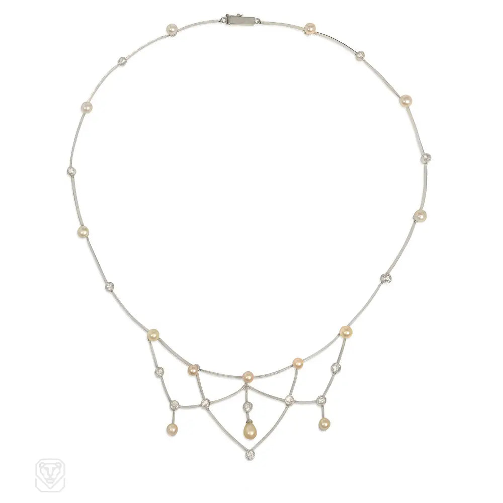 Diamond Heart Necklace-Edwardian pearl and diamond festoon necklace