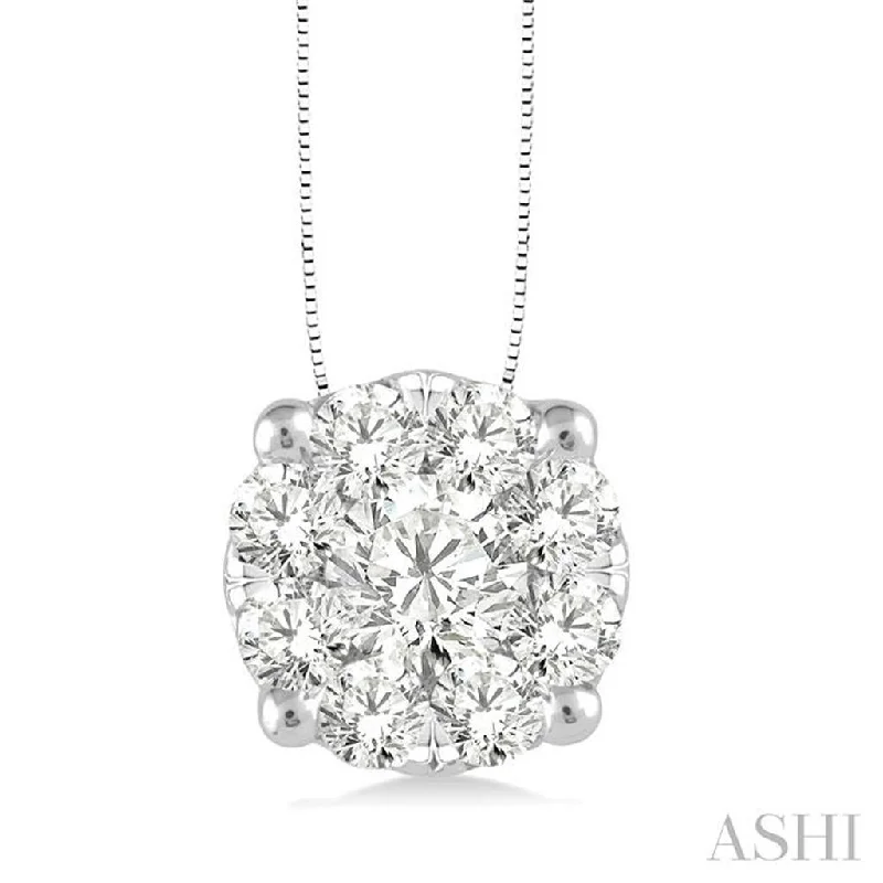 Geometric Pendant Necklace-14K White Gold 0.50ctw Round Diamond Cluster Necklace