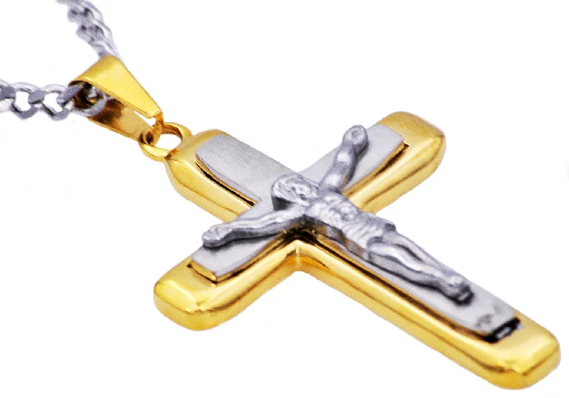 Handmade Pendant Necklace-Mens Two Tone Gold Stainless Steel Crucifix Pendant Necklace