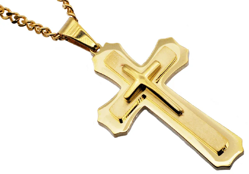 Heart Pendant for Necklace-Mens Gold Stainless Steel Layered Cross Pendant Necklace With 24" Curb Chain