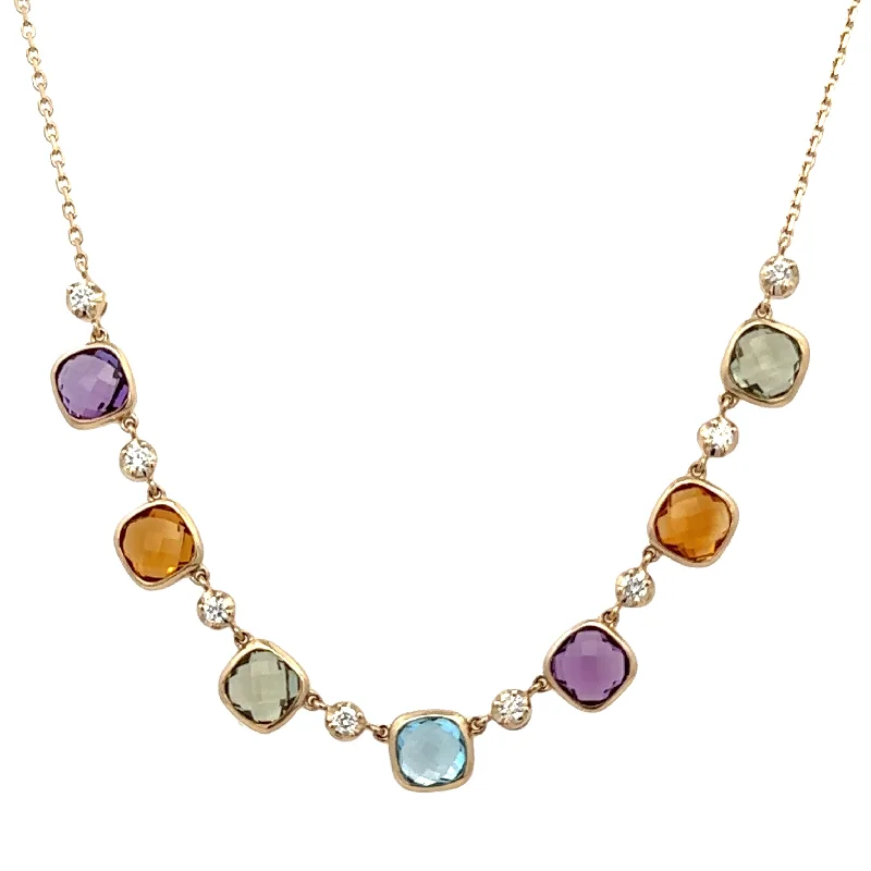 Elegant Crystal Necklace-Multicolored Sapphire and Diamond Necklace in Yellow Gold