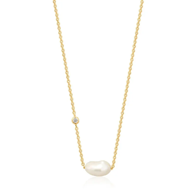 Two-Piece Necklace Set-Gold Plated Freshwater Pearl and Cubic Zirconia Necklace by Ania Haie