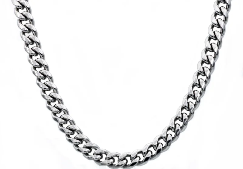 Gemstone Pendant Necklace-Mens 10mm Stainless Steel Cuban Link Chain Necklace With Box Clasp