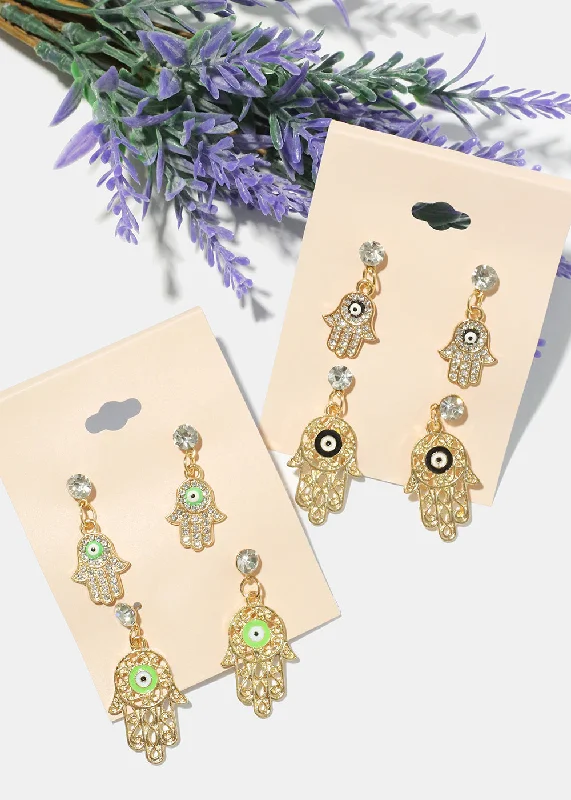 Elegant Stud Earrings-2 Pair Dangle Hamsa Hand Earrings