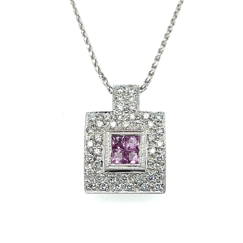 Geometric Crystal Necklace-Estate 18K White Gold Pink Sapphire & Diamond Cluster Halo Necklace