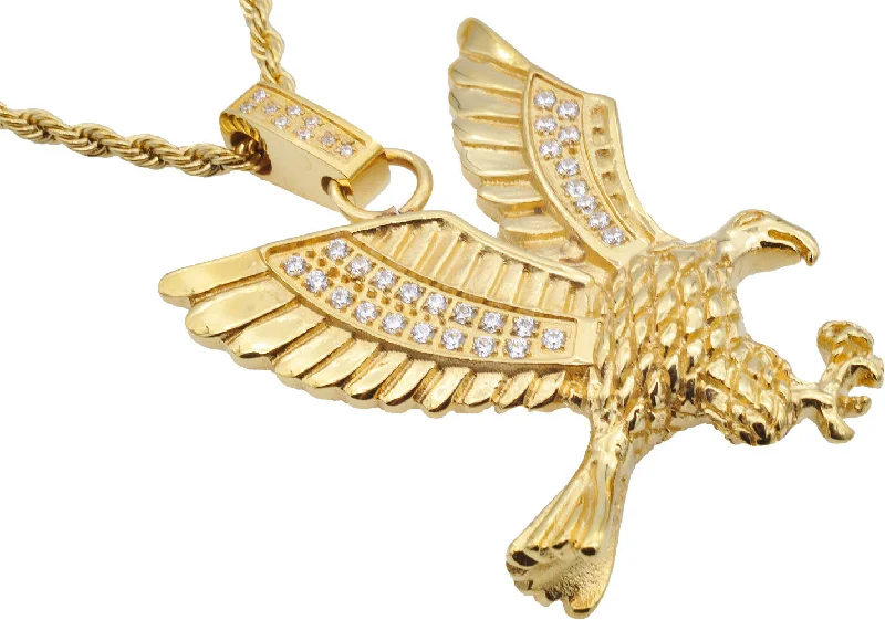 Butterfly Necklace for Women-Mens Gold Stainless Steel Cubic Zirconia Eagle Pendant Necklace With 24" Rope Chain