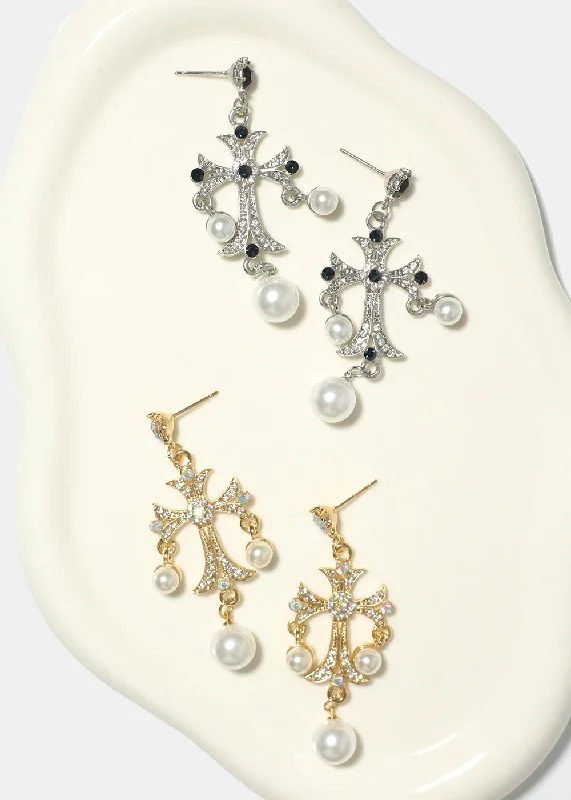 Stylish Dangling Earrings-Pearl and Rhinestone Cross Earrings