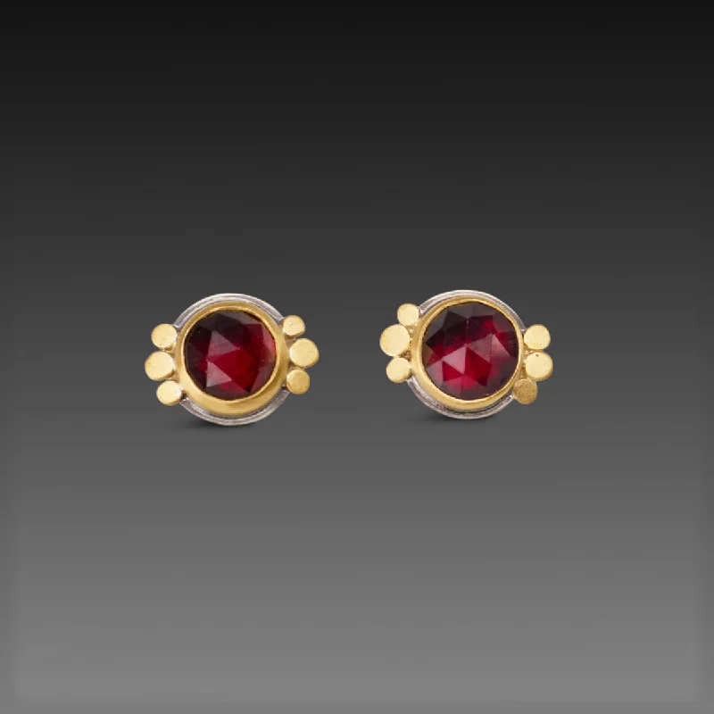 Gemstone Hoop Earrings-Round Garnet Stud Earrings with Trios