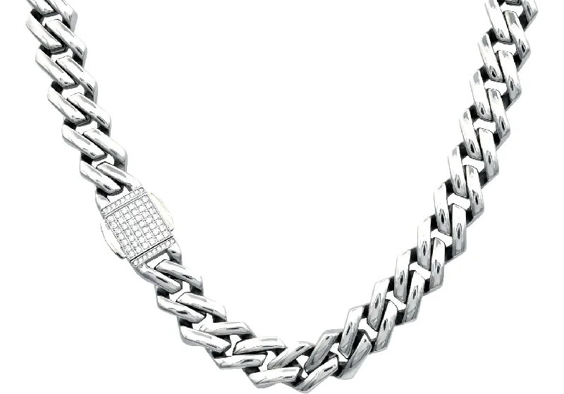 Cute Crystal Necklace-Mens 14mm Stainless Steel Closed Link Curb Chain Necklace With Cubic Zirconia Embedded Box Clasp