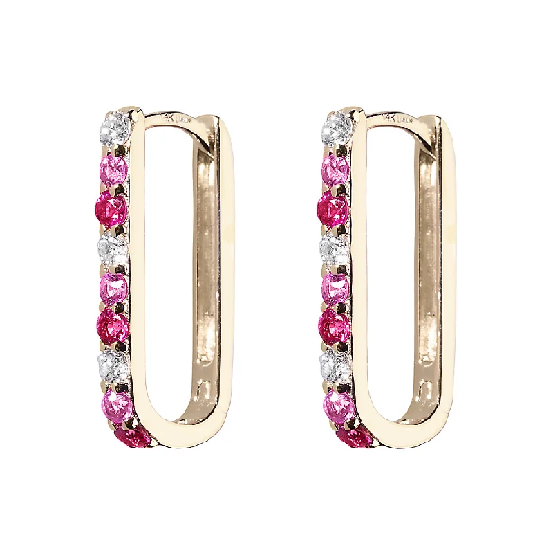 Colorful Gemstone Hoop Earrings-Diamond, Pink Sapphire & Ruby Small Paperclip Hoop Earring