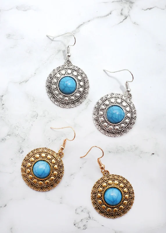 Boho Earrings for Summer-Circle Turquoise Stone Earrings