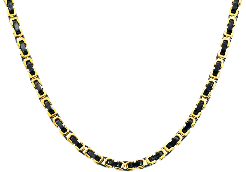 Elegant Choker Necklace for Weddings-Mens 4mm Gold And Black Stainless Steel Byzantine Link Chain Necklace