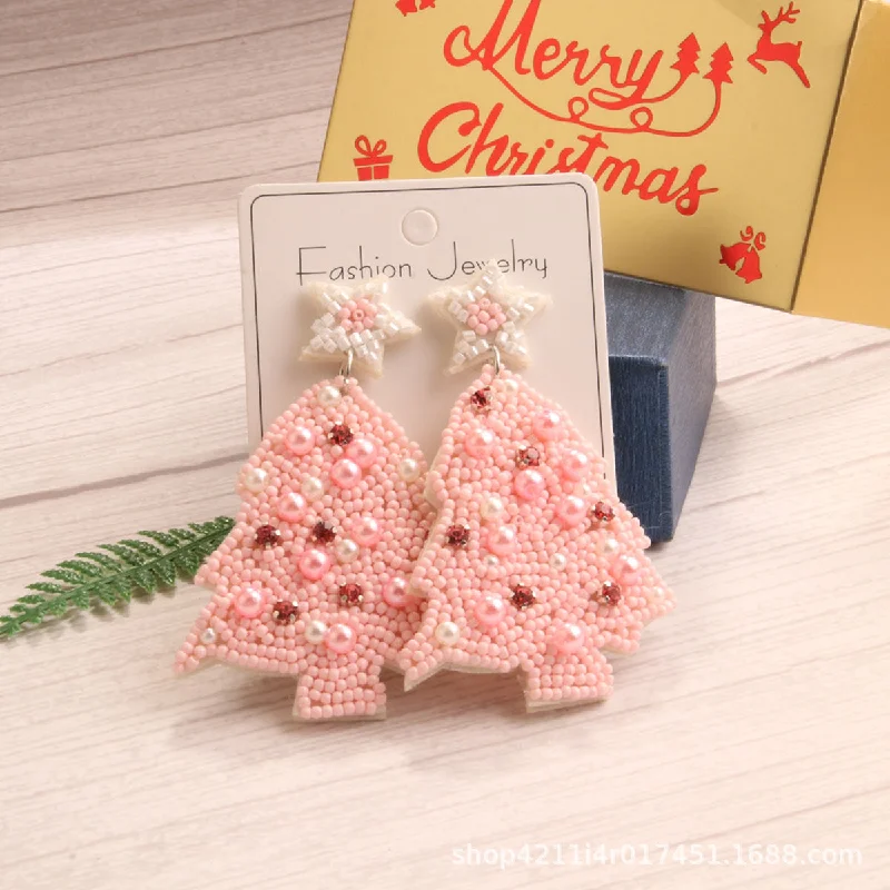 A Pair of Pink Christmas Tree Bead Stud Earrings