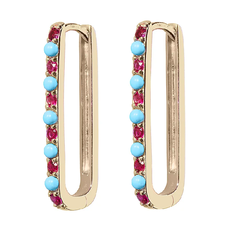 Simple Pearl Drop Earrings-Turquoise & Ruby Large Paperclip Hoop Earring