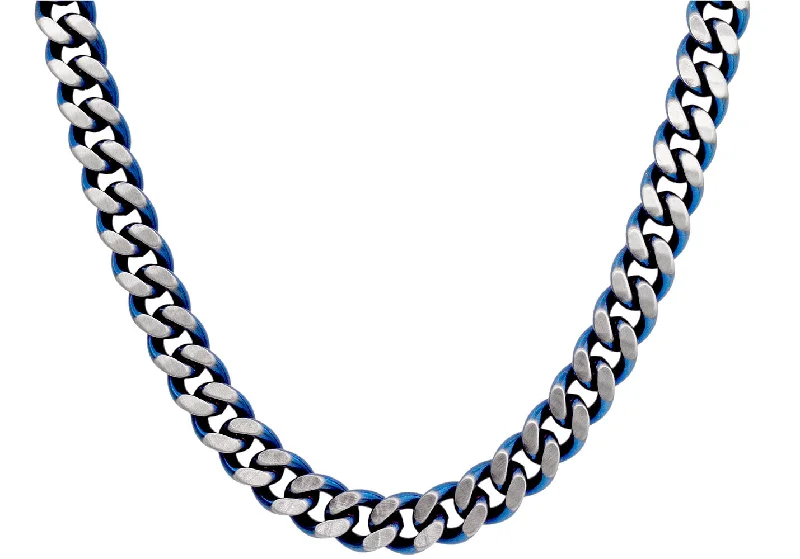 Natural Stone Necklace-Mens Two-Toned Matt Blue Stainless Steel Cuban Link 24" Chain Necklace