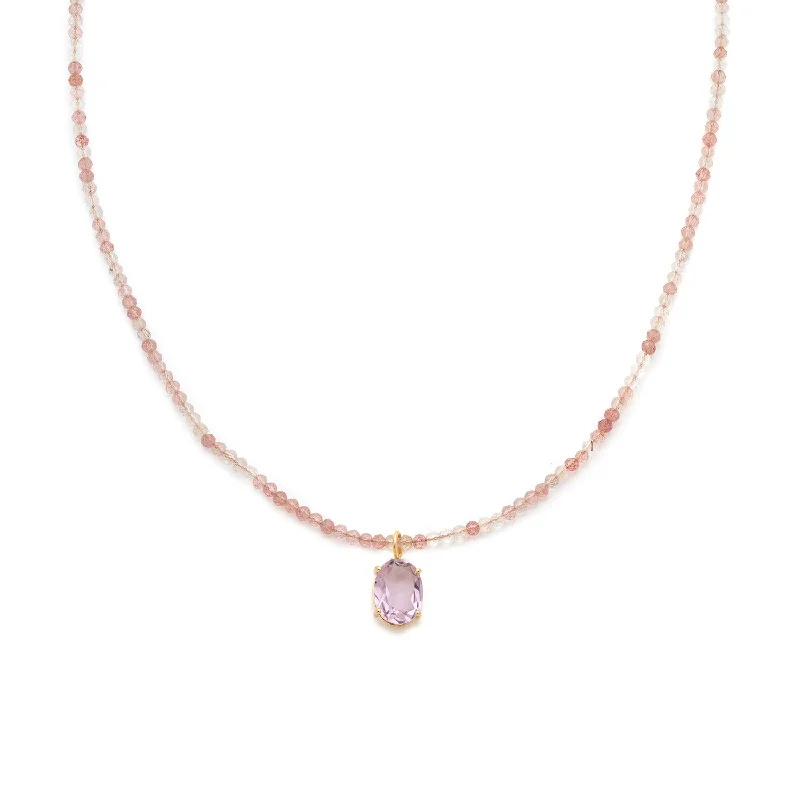 Minimalist Gold Necklace-Jacquie Necklace | Strawberry Quartz & Amethyst