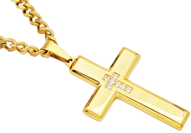 Custom Birthstone Necklace for Mom-Mens Gold Stainless Steel Cross Pendant Necklace With Cubic Zirconia