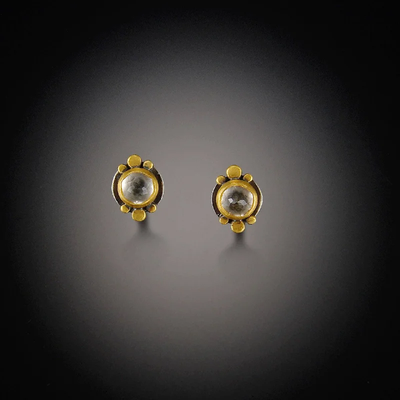 Color Changing Earrings-Small Round White Topaz Earrings with Gold Dots