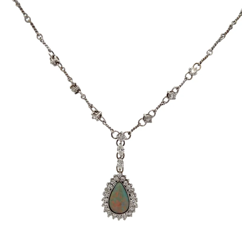 Classic Gemstone Pendant Necklace-Australian Boulder Opal and Diamond Necklace in White Gold