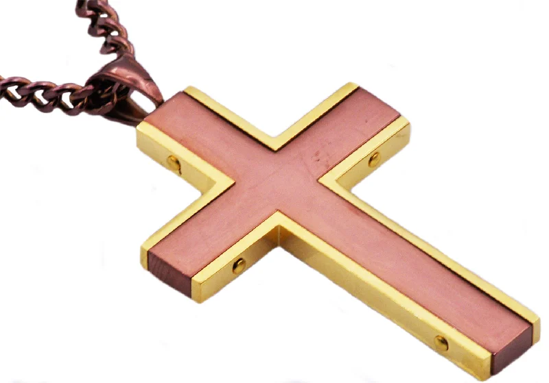 Luxury Ruby Necklace-Mens Chocolate And Gold Stainless Steel Cross Pendant Necklace With 24" Curb Chain