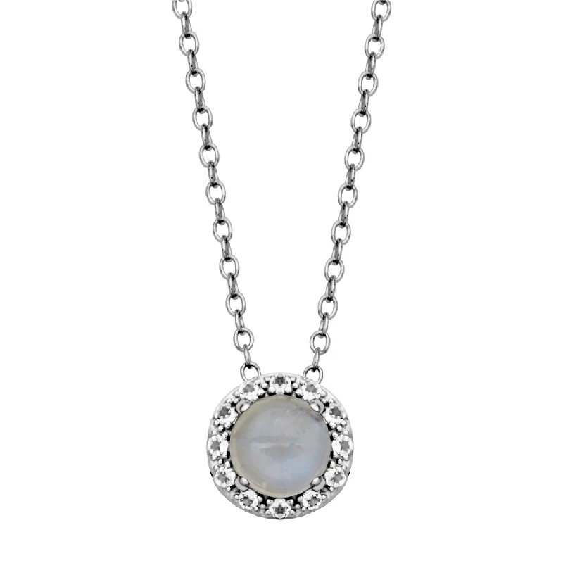 Stylish Heart Necklace-Sterling Silver Rainbow Moonstone & White Topaz Halo Necklace by Samuel B.