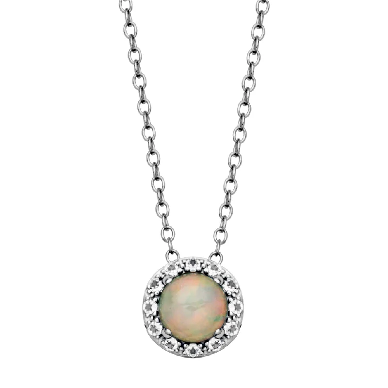 Personalized Birthstone Pendant Necklace-Sterling Silver Ethiopian Opal & White Topaz Halo Necklace by Samuel B.