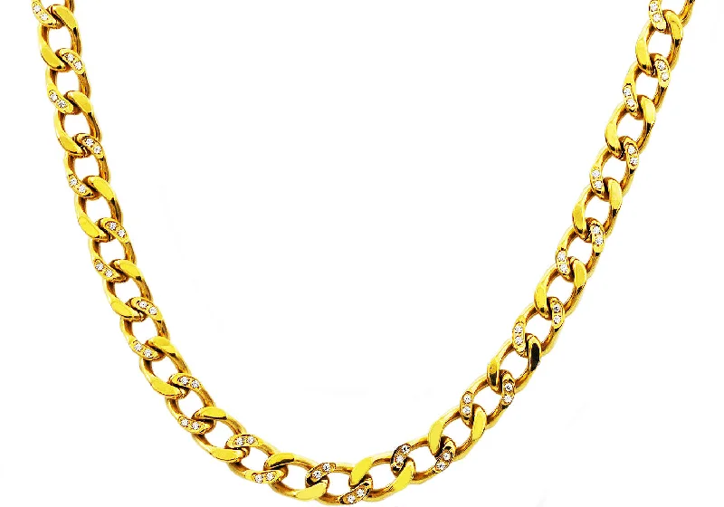 Custom Gemstone Necklace-Mens Gold Stainless Steel Curb Link Chain Necklace With Cubic Zirconia