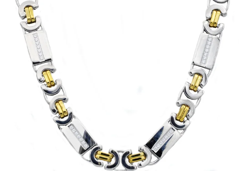 Statement Silver Pendant Necklace-Mens Gold Stainless Steel Flat Byzantine Link Chain Necklace With Cubic Zirconia