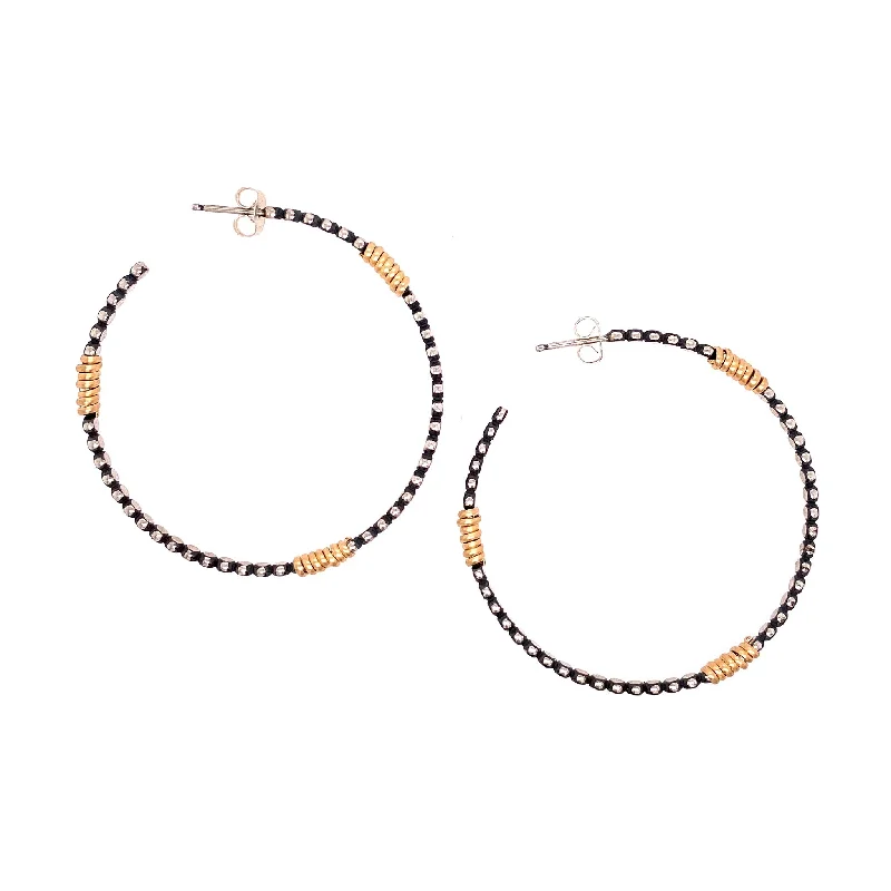 Black Crystal Earrings-Large Front Facing Bead Hoop with Wraps Earrings (E1649)