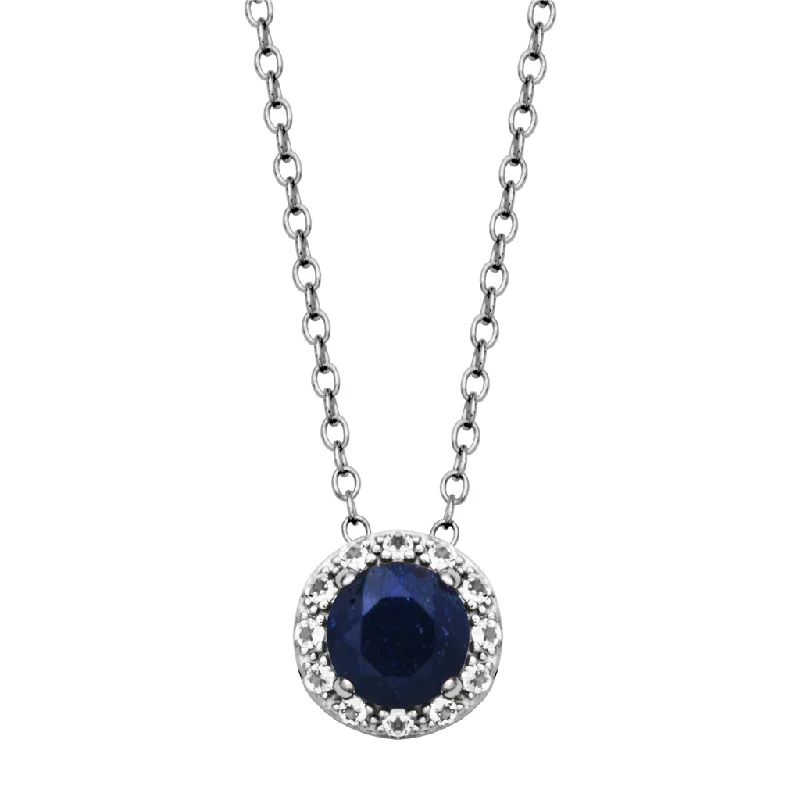 Rose Gold Pendant Necklace-Sterling Silver Dyed Blue Sapphire & White Topaz Halo Necklace by Samuel B.