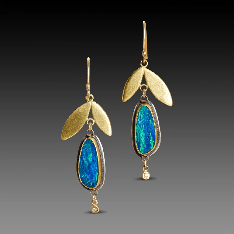 Beautiful Pearl Earrings-Boulder Opal Earrings with Double Leaf