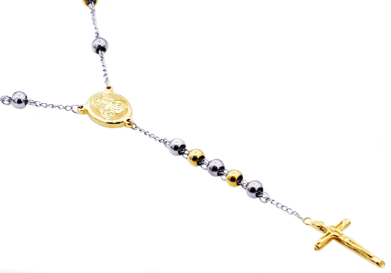 Sterling Silver Pendant Necklace-Mens Two Tone Gold Stainless Steel Rosary