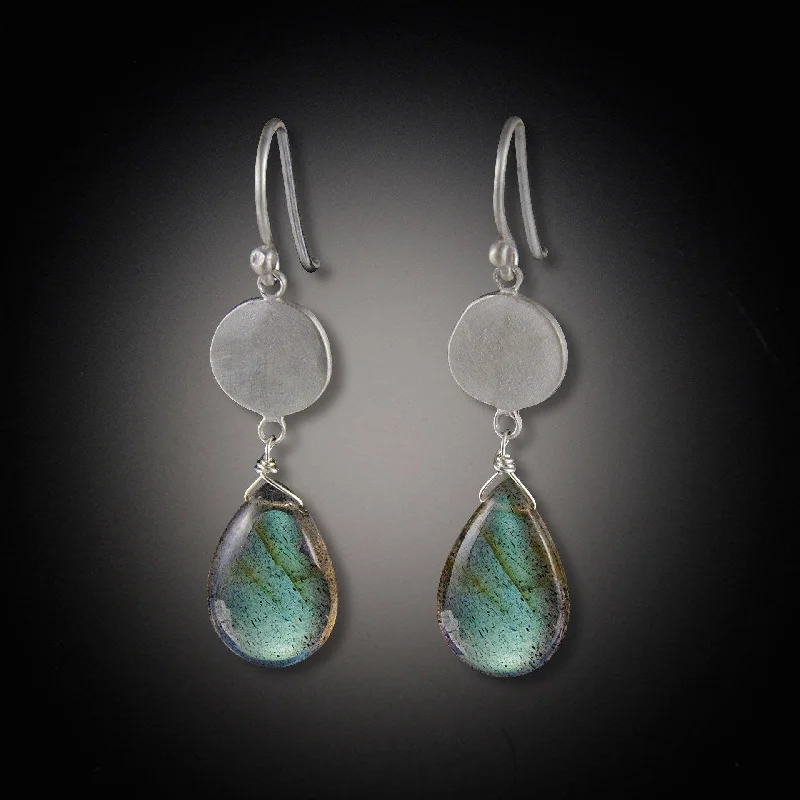 Casual Silver Earrings-Single Disk with Labradorite Drop Earrings