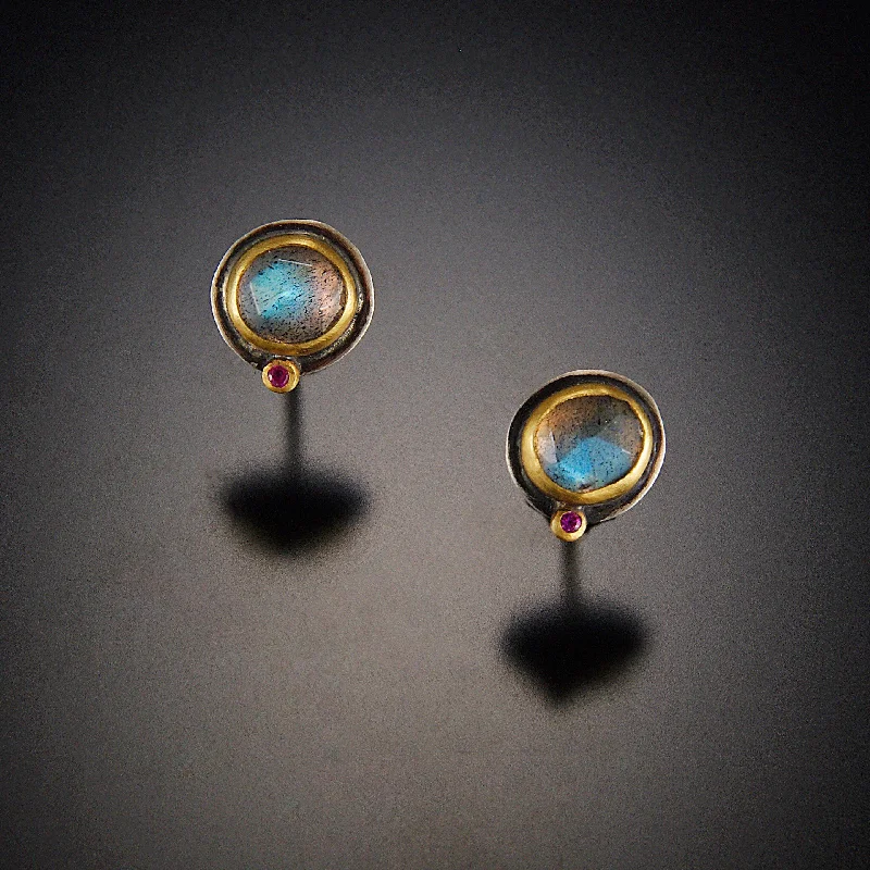 Elegant Drop Earrings-Labradorite Stud Earrings with Ruby Dot