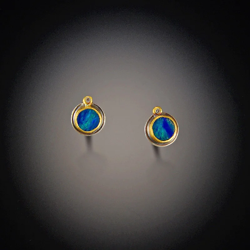 Gold Leaf Earrings-Tiny Australian Opal Stud Earrings with Diamonds