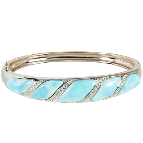 Silver Bar Bracelet-Sterling Silver Wave Larimar w/CZ Bracelet