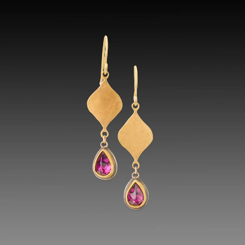 Minimalist Hoop Earrings-Hammered Gold Earrings with Garnet Drops