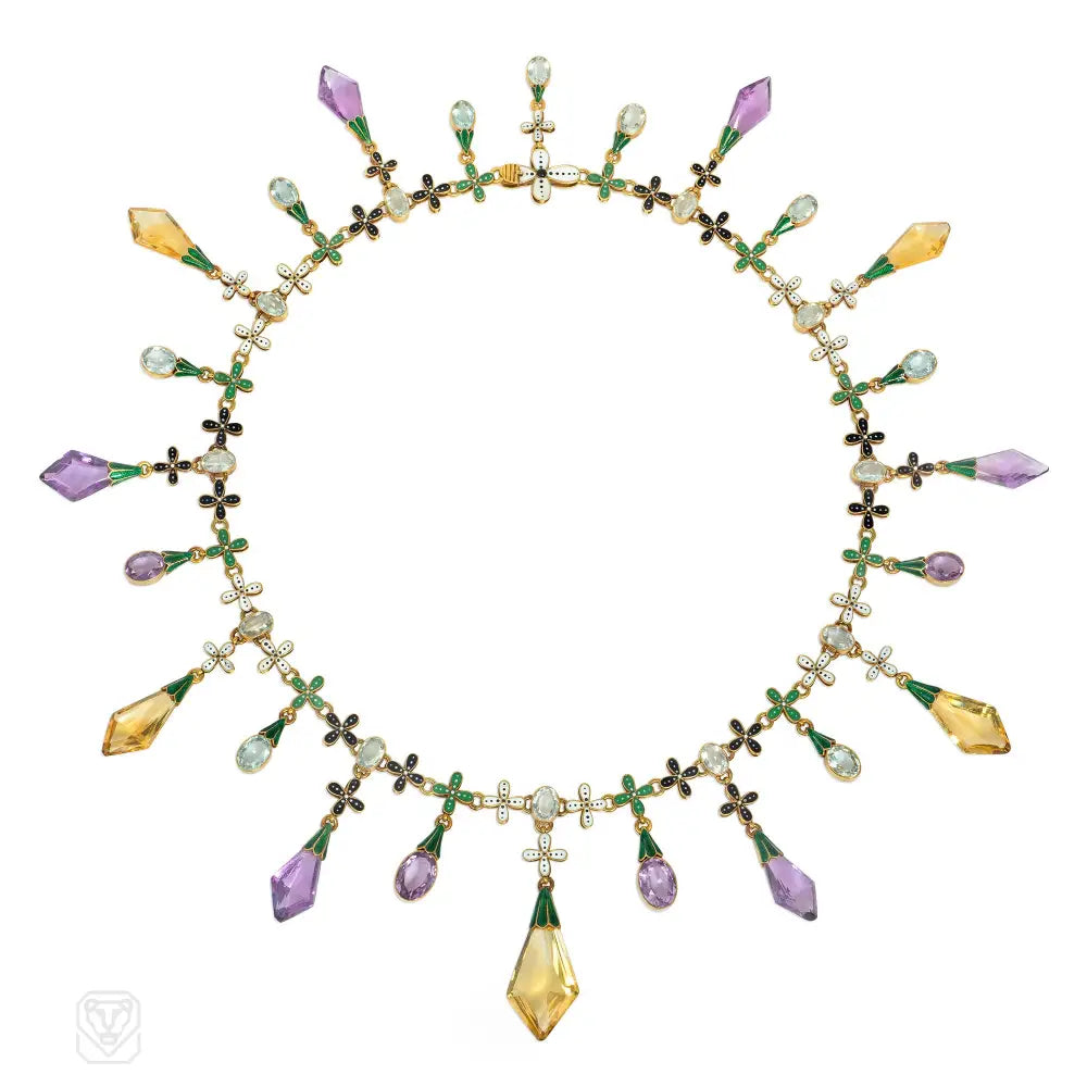 Luxury Ruby Necklace-Important antique Carlo Giuliano multi-gem, enamel, and gold necklace